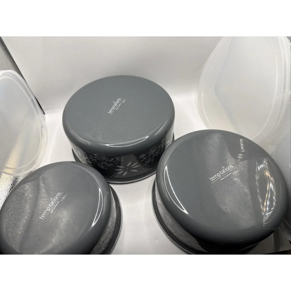 Temptations Stainless Steel Bowls With Lids/ Set of 3 Old World/Floral Lace Gray